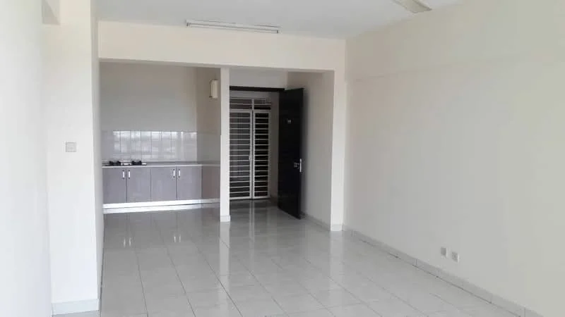 Room features: white painted walls, glossy tile flooring, kitchen area with grey cabinetry, kitchen countertop, single-bowl stainless-steel sink, gas stove, metal door, sliding glass door, open layout, natural light from windows; style: modern.