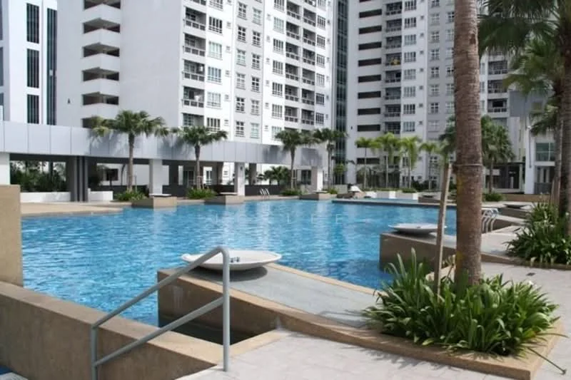 Exterior type: high-rise condominium; features: infinity pool, pool deck with loungers, tropical landscaping, palm trees, manicured lawn, modern architectural design, glass curtain wall, multiple levels of the building, outdoor seating areas; style: modern.
