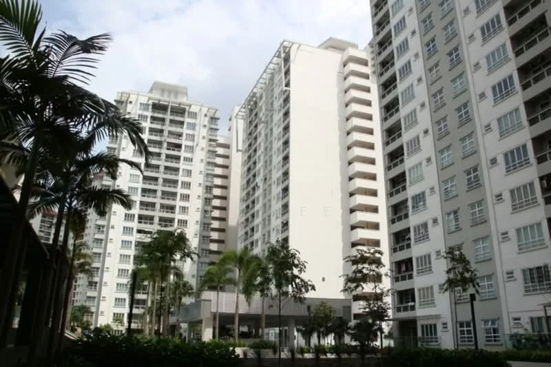 Exterior type: high-rise condominium; features: white painted facade, glass curtain wall, recessed balconies, approximately 10-storey high-rise, manicured landscaping, palm trees, surrounded by greenery; style: modern.