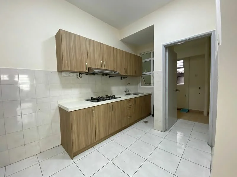 Kitchen features: laminate cabinetry in wood finish, white countertop, double-bowl stainless-steel sink, chrome pull-down faucet, built-in gas hob with 2 burners, white tiled backsplash, white tiled flooring, wall-mounted range hood, window for natural light, light-colored painted walls; style: modern.