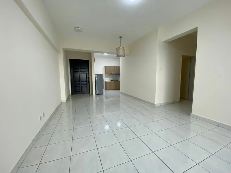 Living features: white painted walls, glossy ceramic tile flooring, recessed ceiling lights, pendant light fixture, open layout to kitchen, large entry door, neutral color scheme, no visible furniture; style: modern. Kitchen features: wood cabinetry, stainless-steel fridge, open layout, tile backsplash, countertop space; style: modern.