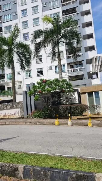 Exterior type: high-rise condominium; features: white painted facade, glass balcony railings, landscaped garden with tropical plants, palm trees, manicured lawn, driveway with interlocking pavers; style: modern.