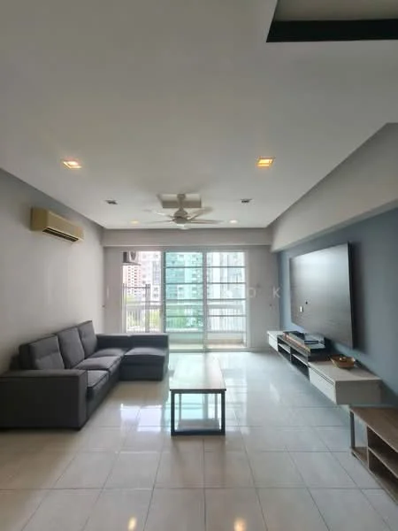 Living features: grey fabric L-shape sectional sofa, glass coffee table, wall-mounted TV, TV console with storage, floor-to-ceiling windows, sliding glass door, white painted walls, recessed downlights, 1 wall-mounted split AC, ceramic tile flooring, ceiling fan with light; style: modern; view: city.