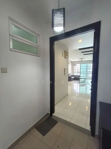 Room features: white painted walls, tile flooring, recessed downlights, wall-mounted light fixture, glass panel window, door frame, entrance mat, open layout leading to living area; style: modern.