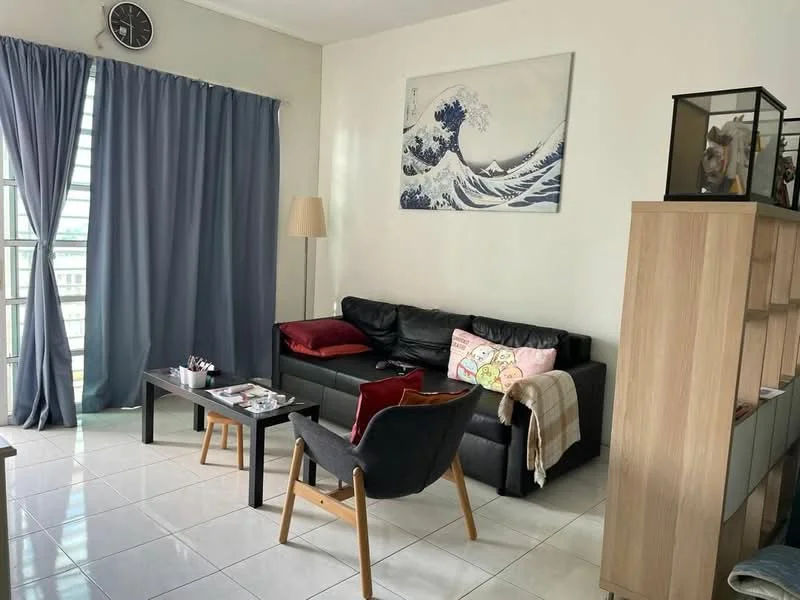 Living features: black leather sofa, wooden armchair with light wood frame, white tiled flooring, light grey curtains, wall-mounted clock, framed artwork with wave design, coffee table, decorative throw pillows, floor lamp, open shelving unit, magazines on coffee table; style: modern; view: city.