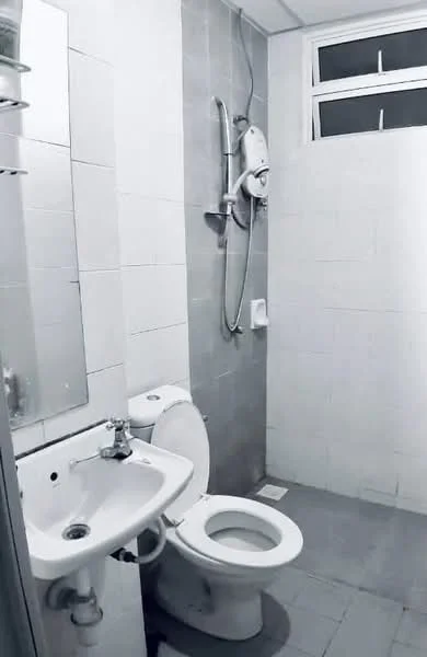 Bathroom features: white tiled walls, grey tiled flooring, single-sink vanity with chrome faucet, one-piece toilet, handheld shower, wall-mounted shower head, framed mirror, window for natural light.