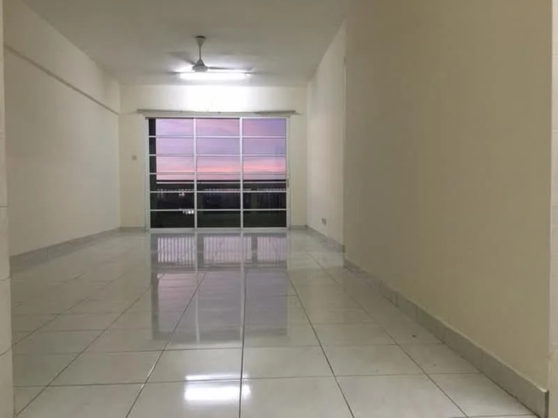 Room features: white painted walls, glossy ceramic tile flooring, ceiling fan, large sliding glass door, balcony access, neutral color scheme, natural light from windows, open layout; style: modern; view: city.