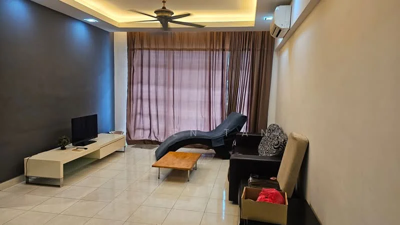 Living features: grey accent wall, white painted walls, glossy tile flooring, 5-blade ceiling fan with light, floor-to-ceiling windows with sheer curtains, sofa in beige fabric, coffee table, TV console, wall-mounted TV, decorative throw pillows, reclining lounge chair, air conditioning unit; style: modern.