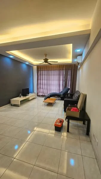 Living features: white painted walls, grey accent wall, glossy tile flooring, tray ceiling with recessed lighting, 5-blade ceiling fan with light, floor-to-ceiling windows with sheer curtains, black sofa, wood coffee table, TV console, wall-mounted TV, decorative wall lights, area rug; style: modern.