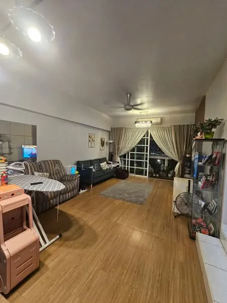Living features: laminate flooring, grey fabric sofa, striped fabric sofa, coffee table, TV console, wall-mounted TV, ceiling fan, curtains, decorative plants, area rug, wall art, open layout; style: modern; view: city.