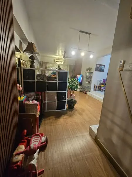 Room features: laminate flooring, wood paneling on one wall, recessed ceiling lights, ceiling fan, decorative lamp, open shelving unit, potted plant, television on stand, curtains, toys visible in foreground; style: modern.