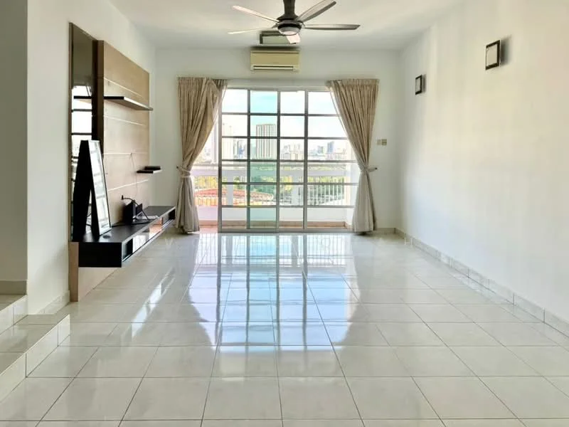 Living features: white painted walls, glossy ceramic tile flooring, 5-blade ceiling fan with light, floor-to-ceiling windows, sheer curtains, sliding glass door, built-in TV console, wall-mounted shelving, recessed downlights, city view; style: modern; view: city.