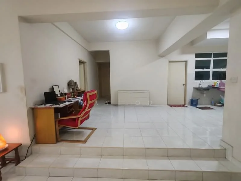 Room features: white painted walls, tile flooring, ceiling light fixture, built-in cabinetry, desk with chair, open layout, kitchen area visible, doorway to adjacent room; style: modern.