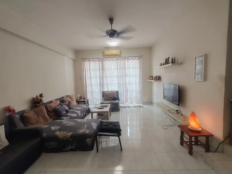 Living features: 3-seater fabric sofa in dark blue with floral pattern, 2-seater fabric sofa in dark blue, coffee table, TV console, wall-mounted TV, ceiling fan with light, white walls, white tiled flooring, sheer curtains, decorative shelf with small figurines, salt lamp, area rug; style: modern.