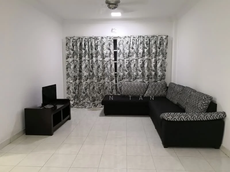 Living features: black L-shape sectional sofa with patterned cushions, white walls, glossy white tile flooring, ceiling fan, TV console in dark wood, wall-mounted TV, floor-to-ceiling windows with sheer curtains, decorative curtains with leaf pattern; style: modern.