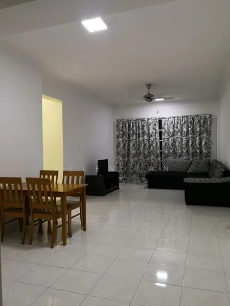 Living features: white painted walls, glossy white tile flooring, 5-blade ceiling fan, sofa in black and white pattern, wooden dining table with 4 chairs, TV console, curtains with floral pattern, wall-mounted TV; style: modern.