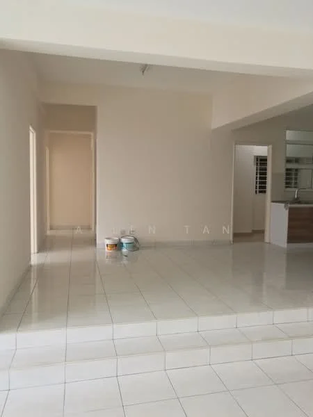 Room features: white painted walls, glossy ceramic tile flooring, open layout, step-up area, neutral color scheme, large windows, kitchen area visible, no visible furniture; style: modern.