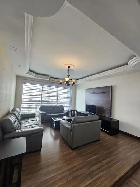 Living features: 3-seater leather sofa in grey, 2-seater leather sofa in grey, coffee table, TV console, wall-mounted TV, wooden flooring, recessed downlights, ceiling rose, chandelier, floor-to-ceiling windows, curtains, decorative wall panel; style: modern; view: city.