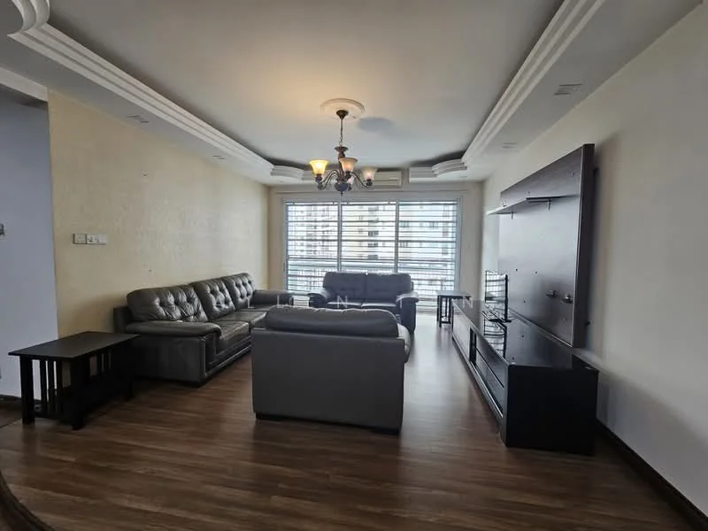 Living features: 3-seater leather sofa, 2-seater leather sofa, coffee table, TV console, wall-mounted TV, wooden flooring, crown moulding, recessed downlights, chandelier, floor-to-ceiling windows, sheer curtains; style: modern; view: city.
