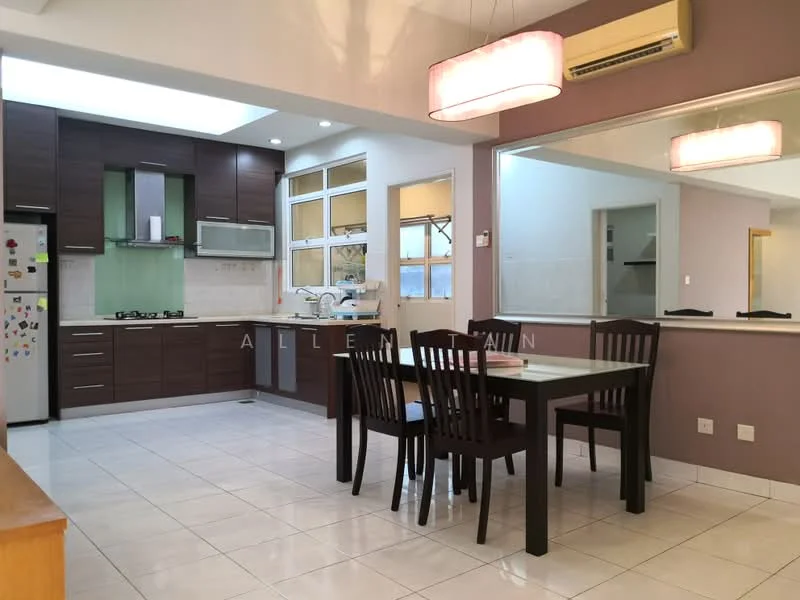 Kitchen features: brown wooden cabinetry, white countertop, stainless-steel sink, chrome pull-down faucet, built-in oven, gas hob, stainless-steel refrigerator, tile backsplash, white tiled flooring, recessed downlights, window with sheer curtains; style: modern. Dining features: 6-seater dining table, brown wooden dining chairs, pendant lighting, open layout, white walls, mirror on wall; style: modern.