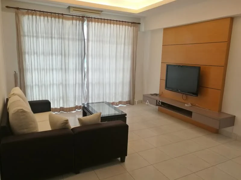 Living features: 3-seater fabric sofa in brown, 2-seater fabric sofa in cream, glass coffee table, wall-mounted TV, TV console with storage, floor-to-ceiling windows with sheer curtains, white painted walls, tile flooring, recessed ceiling lights; style: modern.