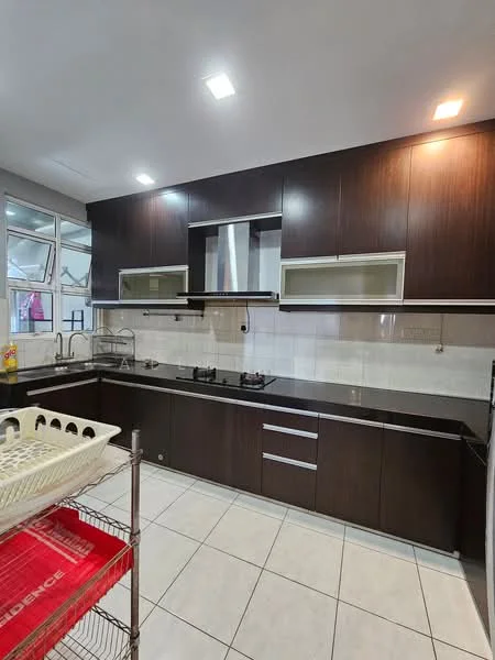 Kitchen features: dark wood cabinetry, black granite countertop, double-bowl stainless-steel sink, chrome pull-down faucet, 2-burner gas hob, built-in range hood, white tiled backsplash, white tiled flooring, recessed LED downlights, window with sliding glass panes, open shelving, dish rack, stainless-steel refrigerator; style: modern.