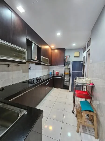 Kitchen features: black granite countertop, dark wood cabinetry, stainless-steel sink, built-in gas hob, exhaust hood, white tiled backsplash, white ceramic tile flooring, recessed LED downlights, fridge, open shelving, kitchen cart with wheels, wall-mounted cabinets, pantry storage; style: modern.