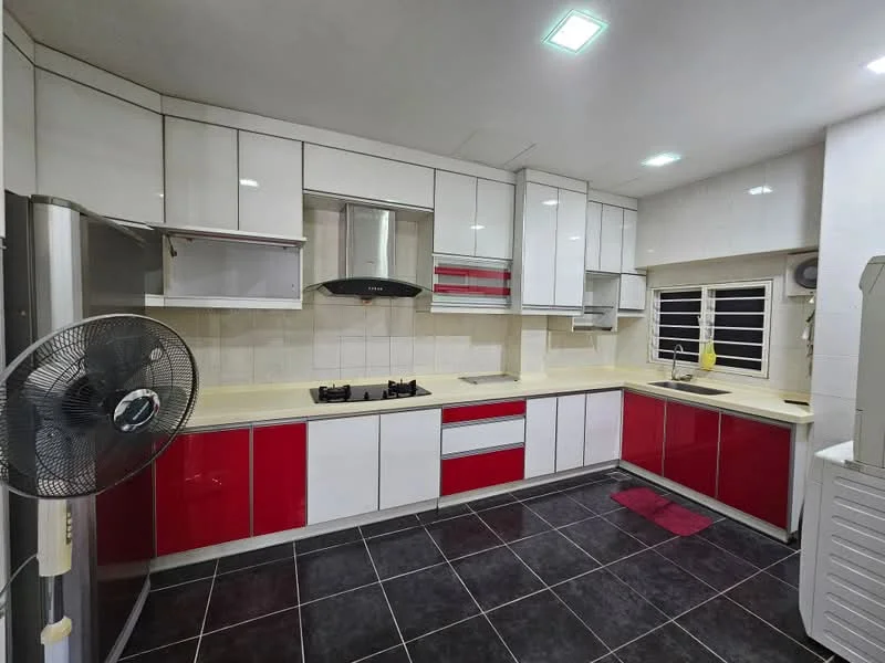 Kitchen features: red and white cabinetry, laminate countertop, stainless-steel range hood, 4-burner gas hob, built-in oven, single-bowl stainless-steel sink, chrome pull-down faucet, ceramic tile flooring, recessed LED downlights, wall-mounted fan, window with grille, kitchen mat; style: modern.