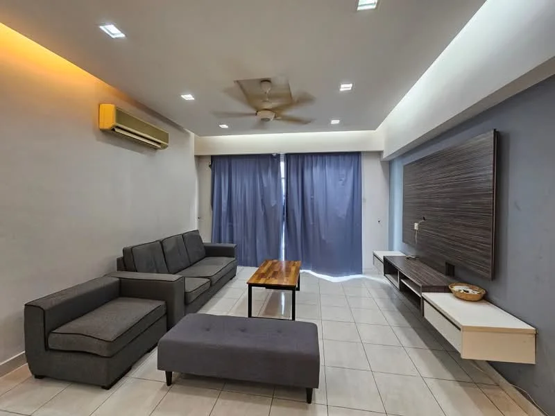 Living features: 3-seater fabric sofa in grey, 2-seater fabric sofa in grey, wooden coffee table, ottoman in grey, wall-mounted TV console, flat-screen TV, recessed LED downlights, ceiling fan, air conditioning unit, grey curtains, white walls, tile flooring; style: modern.