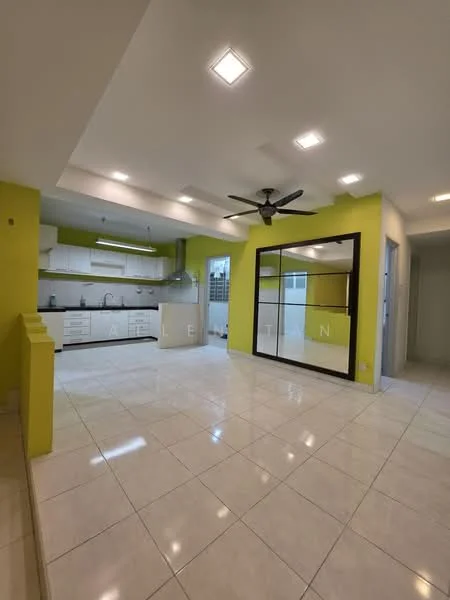 Kitchen features: white cabinetry, green accent wall, marble tile flooring, 5-blade ceiling fan with light, stainless-steel sink, chrome pull-down faucet, built-in oven, freestanding range oven, microwave, recessed downlights, open shelving, glass-front upper cabinets, kitchen island; style: modern. Living features: marble tile flooring, 5-blade ceiling fan with light, recessed downlights, large glass sliding door, open layout; style: modern.