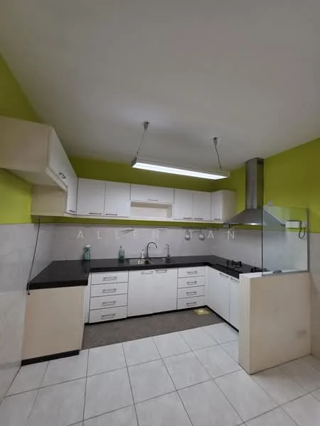 Kitchen features: green painted walls, white cabinetry with flat-panel doors, black granite countertop, stainless-steel sink, chrome pull-down faucet, built-in gas hob, stainless-steel range hood, ceramic tile flooring, under-cabinet lighting, glass splashback, open shelving, recessed ceiling lights; style: modern.