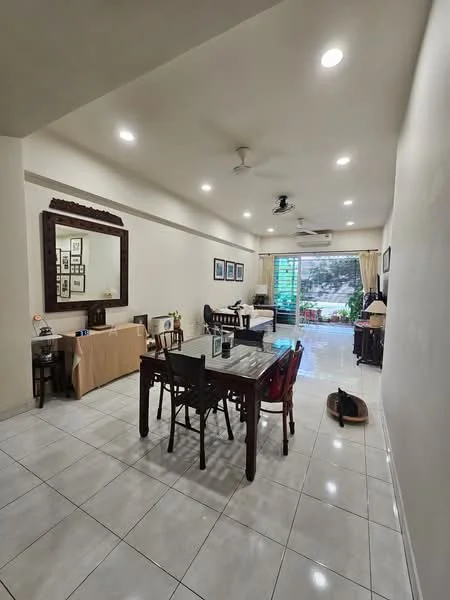 Living features: white painted walls, glossy ceramic tile flooring, recessed downlights, 5-blade ceiling fan, large sliding glass door, curtains, dining table with 6 chairs, wooden side table, framed artwork on walls, sofa, greenery view from window, decorative mirror; style: modern; view: garden.
