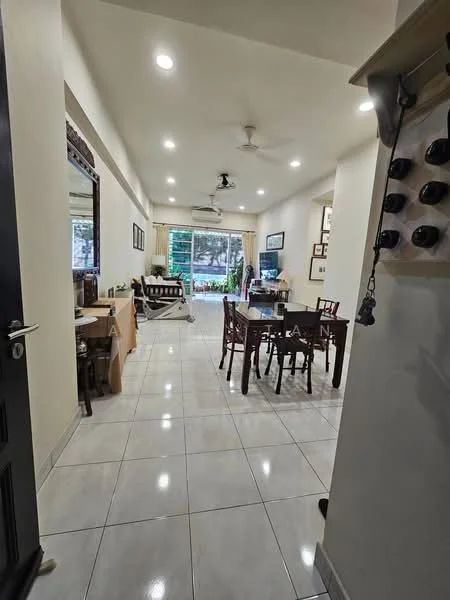Living features: white painted walls, glossy ceramic tile flooring, recessed downlights, ceiling fan, large windows with sheer curtains, dining table with four chairs, sofa set, decorative plants, wall-mounted artwork, open layout to adjacent room; style: modern; view: garden. Room features: white painted walls, glossy ceramic tile flooring, doorway leading to another room, decorative mirror, wall-mounted hooks.
