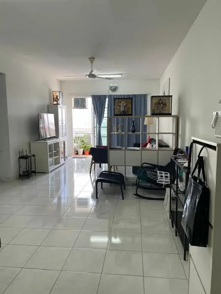 Living features: white painted walls, glossy ceramic tile flooring, 5-blade ceiling fan with light, wall-mounted TV, TV console, open shelving unit, black rocking chair, decorative lampshade, potted plants, curtains in blue, area rug, framed artwork; style: modern.