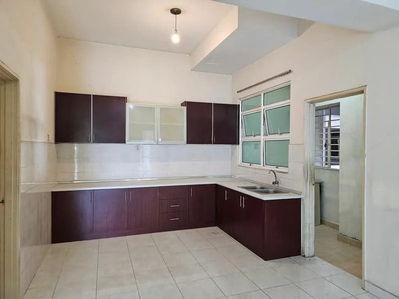 Kitchen features: brown wooden cabinetry, white countertop, single-bowl stainless-steel sink, chrome pull-down faucet, tile flooring, white walls, window with multiple panes, overhead light fixture; style: modern. Room features: doorway leading to another room, window with horizontal bars.