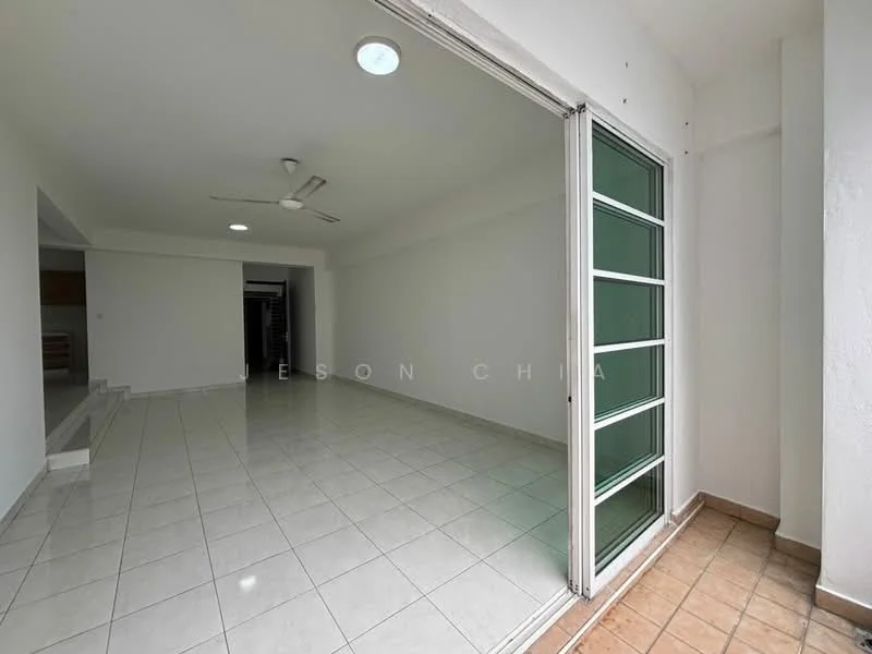 Room features: white painted walls, ceramic tile flooring, sliding glass door, 5-blade ceiling fan, recessed downlights, open layout, natural light from sliding door, neutral color scheme; style: modern.