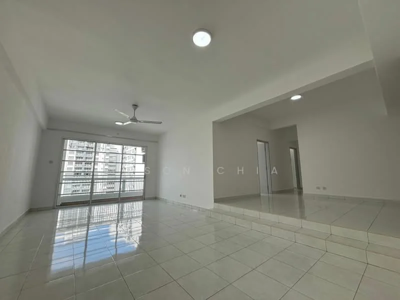 Living features: white painted walls, glossy ceramic tile flooring, 5-blade ceiling fan with light, floor-to-ceiling windows, sliding glass door, natural light from windows, open layout, neutral color scheme; style: modern; view: city.