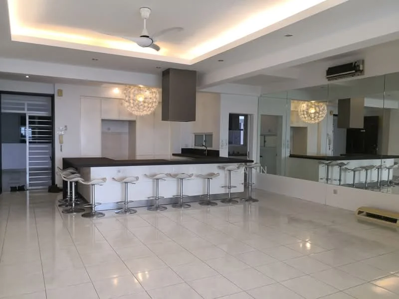 Living features: white painted walls, polished ceramic tile flooring, tray ceiling with recessed lighting, 5-blade ceiling fan with light, large mirror wall, island kitchen with bar seating, stainless-steel bar stools, chandelier light fixture, air conditioning unit, open layout, kitchen area visible in background; style: modern.