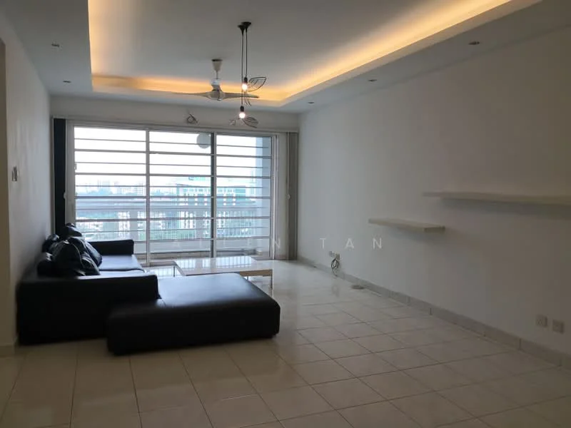 Living features: L-shape sectional sofa in black, white coffee table, floor-to-ceiling windows, white painted walls, recessed LED downlights, ceiling fan with light, tile flooring, shelf unit on wall; style: modern; view: city.