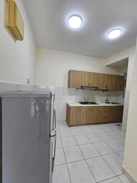 Kitchen features: grey fridge, wood cabinetry, stainless-steel gas hob, stainless-steel sink, chrome faucet, white tiled backsplash, white tiled flooring, recessed ceiling lights, wall-mounted kitchen shelf; style: modern.