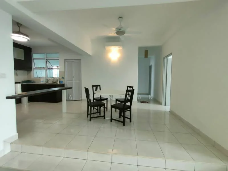 Living features: white painted walls, ceramic tile flooring, 5-blade ceiling fan with light, dining table with 2 black wooden chairs, open layout to kitchen, natural light from windows, recessed lighting, neutral color scheme; style: modern. Kitchen features: dark cabinetry, countertop with bar seating, stainless-steel sink, built-in appliances, window above sink, open layout to living area; style: modern.