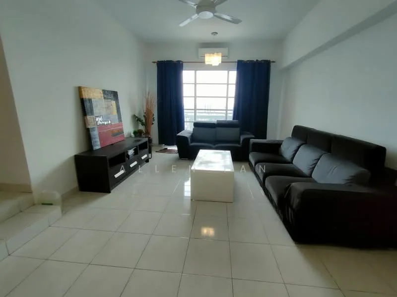 Living features: 2-seater fabric sofa in black, 3-seater fabric sofa in black, white coffee table, TV console in dark wood, wall-mounted TV, floor-to-ceiling windows, blackout curtains, ceiling fan with light, tile flooring in cream, decorative plant in corner, light fixture with square design; style: modern; view: city.