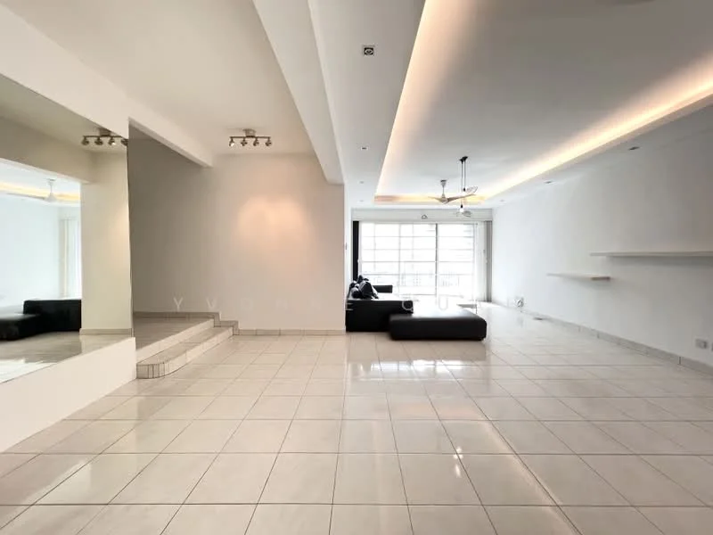 Living features: white painted walls, polished ceramic tile flooring, recessed downlights, ceiling fan, large floor-to-ceiling windows, black sectional sofa, built-in wall shelves, mirror feature wall, open layout, natural light, neutral color palette; style: modern.