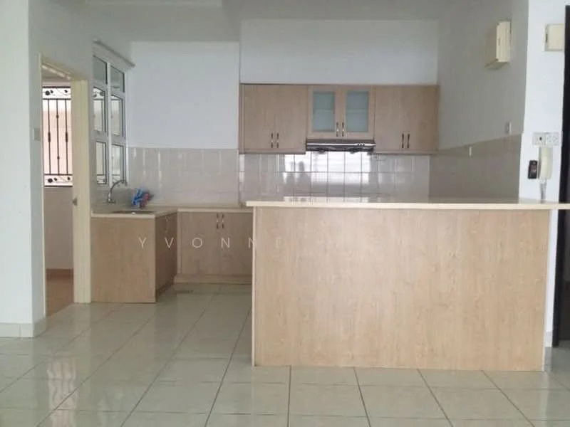 Kitchen features: laminate cabinetry in light wood finish, white tiled backsplash, stainless-steel sink, chrome pull-down faucet, kitchen island with countertop, built-in oven, freestanding range oven, ceramic tile flooring, recessed downlights, window with grille, open layout, countertop space; style: modern.