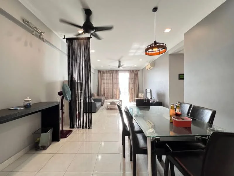 Living features: white painted walls, glossy tile flooring, 5-blade ceiling fan with light, sofa in light grey, coffee table, dining table with black chairs, floor-to-ceiling windows, sheer curtains, decorative pendant light, black console table, wall-mounted air conditioning unit; style: modern.