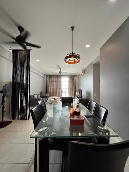 Dining features: glass dining table, 6 black upholstered dining chairs, pendant lamp with stained glass shade, white walls, recessed downlights, floor-to-ceiling windows, curtains, ceramic tile flooring, ceiling fan with light, open layout to living area; style: modern. Living features: sofa, coffee table, TV console, area rug, wall-mounted TV, light grey walls, air conditioning unit, decorative wall, curtains, ceiling fan; style: modern.