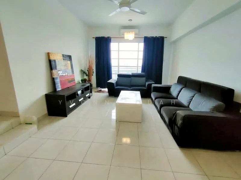 Living features: 3-seater fabric sofa in black, 2-seater fabric sofa in grey, white coffee table, TV console in black, wall-mounted TV, floor-to-ceiling windows, blackout curtains, ceiling fan, decorative wall art, ceramic tile flooring, light fixture, potted plant; style: modern; view: city.