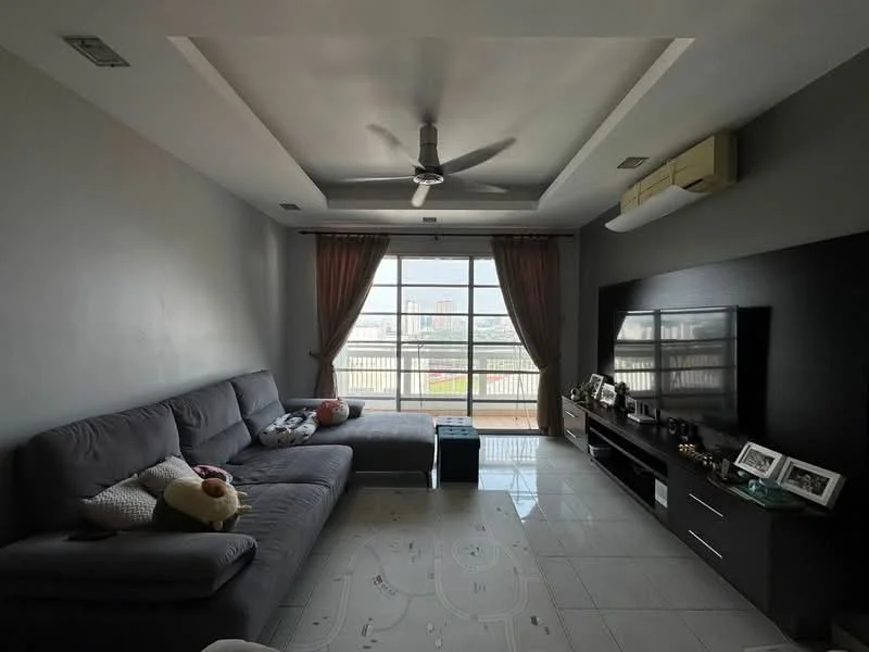 Living features: grey fabric L-shape sectional sofa, 5-blade ceiling fan with integrated LED light, flat-screen TV mounted on wall, dark wood TV console, white tiled flooring, floor-to-ceiling windows, sheer curtains, recessed ceiling with tray design, decorative wall with black accent, area rug with geometric pattern; style: modern; view: city.