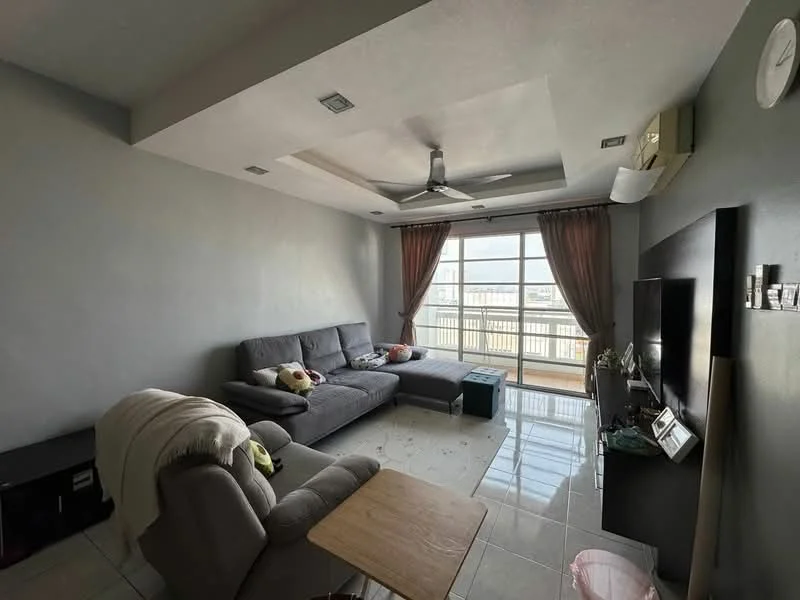 Living features: grey painted walls, tray ceiling with recessed lighting, 5-blade ceiling fan, large sliding glass door, floor-to-ceiling windows, curtains in brown, 3-seater fabric sofa in grey, 2-seater fabric sofa in grey, wooden coffee table, TV console, wall-mounted TV, ceramic tile flooring, decorative wall clock; style: modern; view: city.