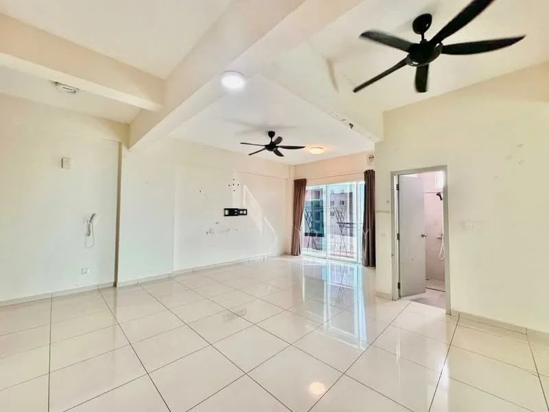 Living features: white painted walls, glossy ceramic tile flooring, exposed beams on ceiling, 2 ceiling fans, sliding glass door, curtains, wall-mounted TV, recessed lighting; style: modern.